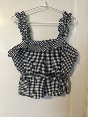 7 For All Mankind Black & White Gingham Ruffle Tank